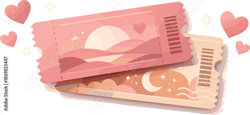 Romantic Event Tickets. Elegant event tickets arranged with soft heart accents and gentle glow suggesting a romantic experience,
