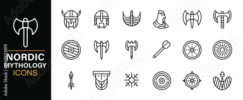 Ancient Viking and Norse mythology icon set for education and culture