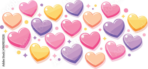 Colorful Candy Hearts. Colorful candy hearts scattered in a playful pattern with soft highlights and gentle shine, modern flat