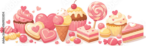 Playful Sweet Treats. Assorted sweet treats arranged playfully with cupcakes, candies, and heart-shaped confections, modern flat
