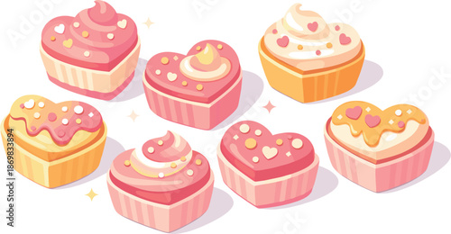 Colorful Heart Cupcakes. Colorful heart-shaped cupcakes arranged playfully with soft highlights and gentle shine, modern flat