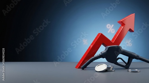 Rising fuel prices shown by gas pump nozzle and upward arrow