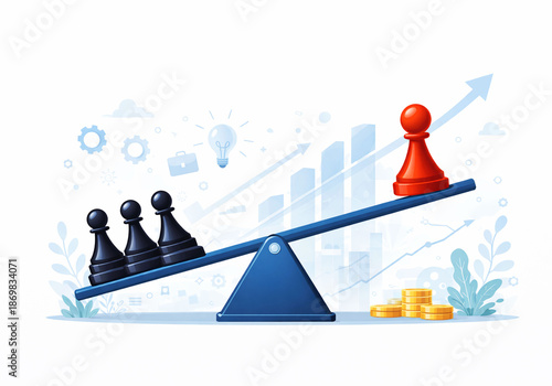 Individual Strength and Leverage Concept with Red Pawn Outweighing Multiple Black Pawns on Seesaw, Leverage and Balance Concept with One Red Pawn Outweighing Multiple Black Pawns, Strategic Leverage .