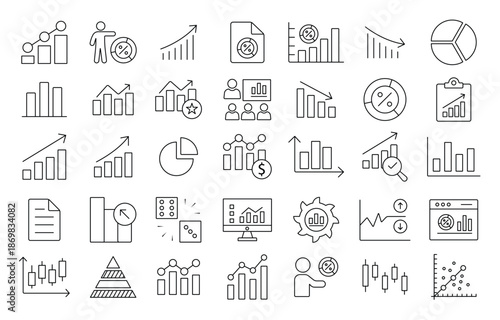 Line Icons Depicting Business Charts Graphs and Financial Symbols.