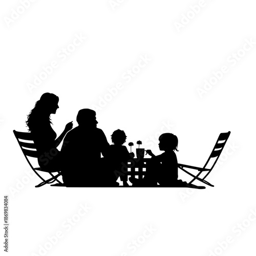 Family silhouette with parents and children sitting together outdoors, enjoying leisure time and bonding in a natural setting