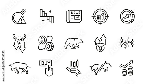 Line Icons Depicting Stock Market Symbols and Financial Trading Elements.
