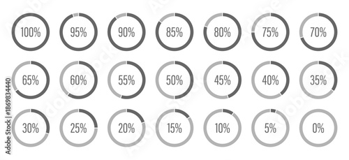 Circle diagrams icons for infographics from 100 to 0 percent. Template of dark gray and gray color fill pie charts indicator. Round graph loading progress set. Light black progress bars.
