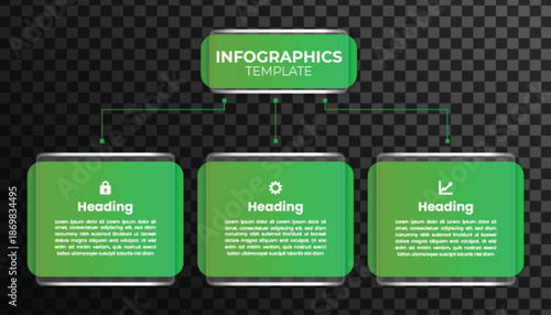 Modern green glassmorphism infographic template with three connected steps, icons, and transparent cards for business workflow and process presentations.