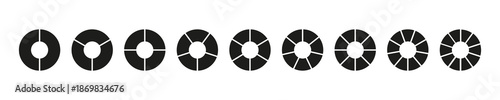 Circle division on 2, 3, 4, 5, 6, 7, 8, 9, 10 equal parts. Wheel round divided diagrams for two to ten segments. Coaching blank. Infographic set.