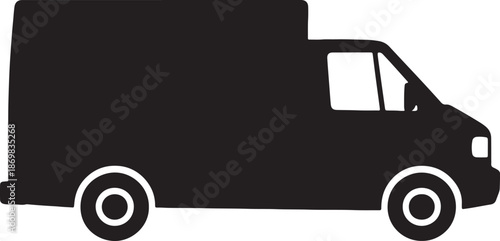 Black and white outline of a delivery truck with large cargo area and visible wheels also transparent background