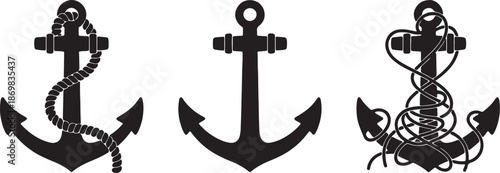 Three black anchor symbols with different rope on a white background also transparent background nautical