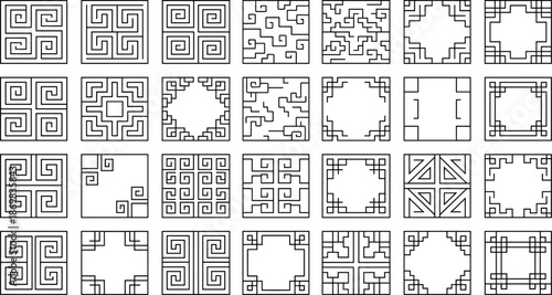 Geometric square ornamental border patterns collection, abstract maze line frames, decorative symmetry design, minimal black vector illustration isolated on white background