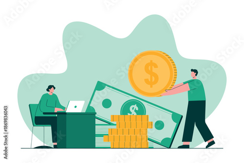 Two people working together with money and a large coin, representing financial success and teamwork in a modern office setting.