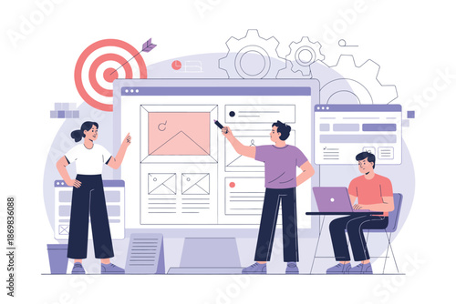 A team of three people working together on a large computer screen with a target and gears in the background, representing collaboration and strategy.