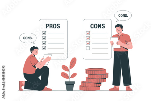 Two men weighing pros and cons of a decision with checklists and a plant