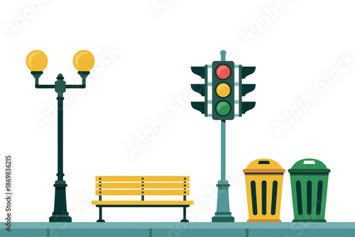 A colorful illustration of a city street with a bench, traffic light, and trash cans