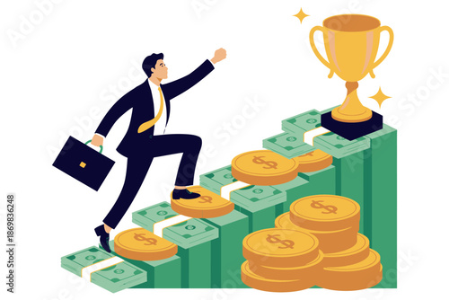 A determined businessman climbing a staircase of money to reach a golden trophy, symbolizing success and achievement.