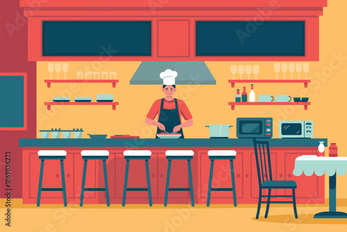 A chef prepares food in a modern kitchen with red cabinets and a large counter