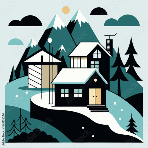 Title: A picturesque winter scene with a wooden cabin and a church nestled in a snowy mountain
