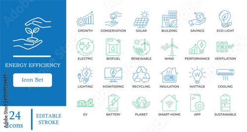Energy Efficiency Line Icons. Featuring solar power, electric vehicles, smart home, and renewable energy symbols. Editable vector for green technology apps and sustainability marketing.