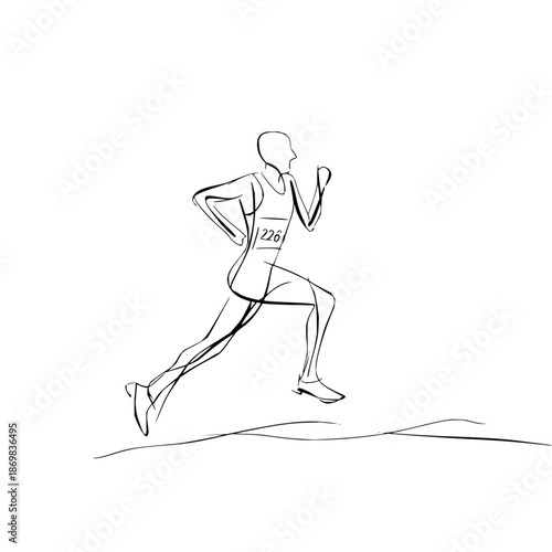 Sketch of a runner with number 226 on their singlet in motion during a race on a white background
