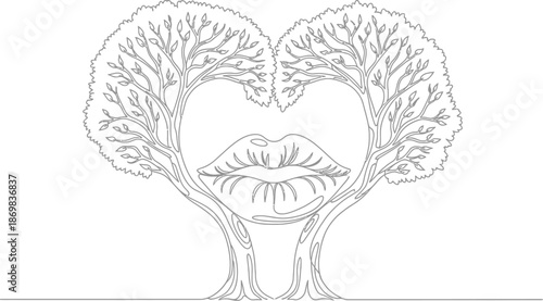 Lips surrounded by heart shaped trees in a line art style
