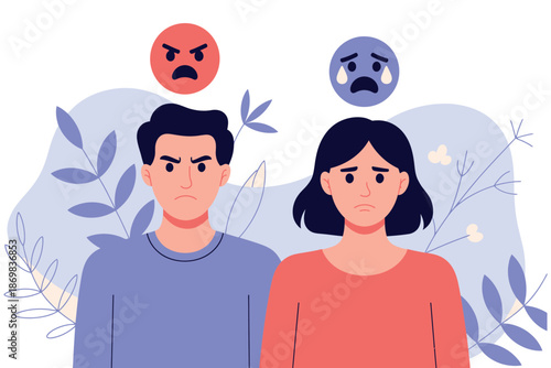 A cartoon illustration of a sad couple with angry and crying faces above their heads