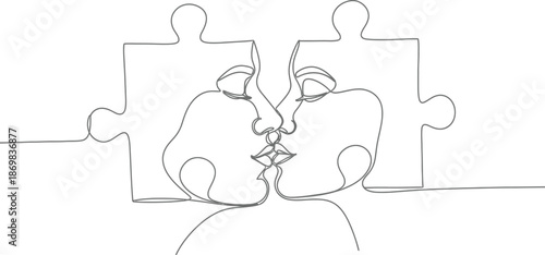 Stylish puzzle pieces forming a romantic couple kissing