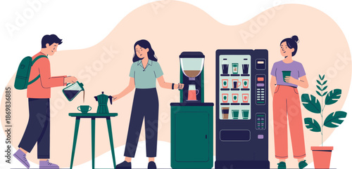 A group of young adults enjoying coffee and snacks from vending machines in a modern setting