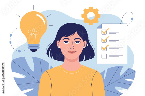 A woman with a thoughtful expression surrounded by symbols of creativity and productivity