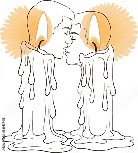 Romantic couple kissing as melting candles with warm glow