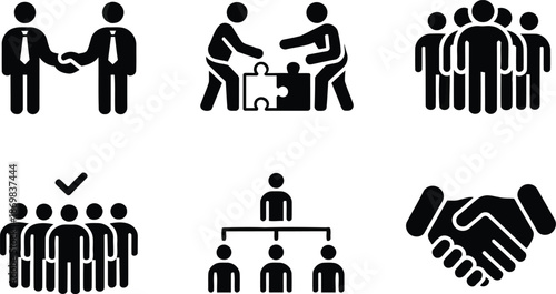 Simple black silhouette icons representing teamwork, collaboration, and successful business connections.