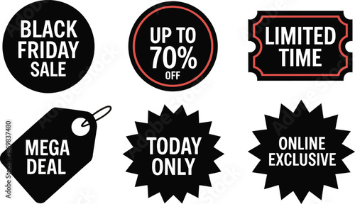 Bold black sale badges and labels for retail promotions and marketing campaigns