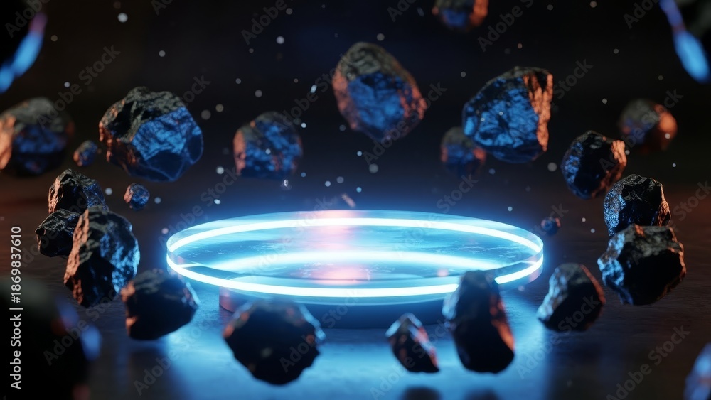 Fototapeta premium Floating asteroids around futuristic platform with neon light display