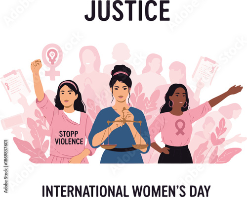 International Women's Day Illustration with Diverse Activists, Scales of Justice, and Empowerment Symbols
