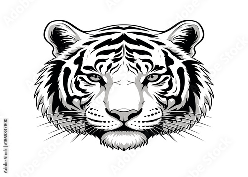 A black and white illustration of a tiger's face with an intense gaze