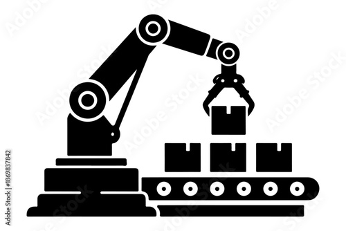Automated Industrial Robotic Arm Moving Boxes on a Conveyor Belt in a Factory Setting