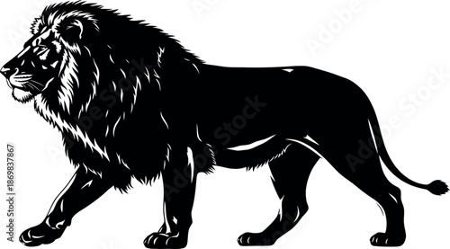 A black lion standing in profile with a majestic mane and tail