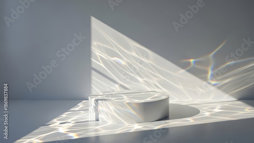 Minimalist white podium with beautiful sun caustics and shadows in a clean studio