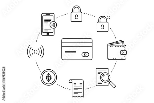 Conceptual illustration demonstrating the secure and interconnected ecosystem of modern digital finance, including online payments, mobile transactions, and digital currency