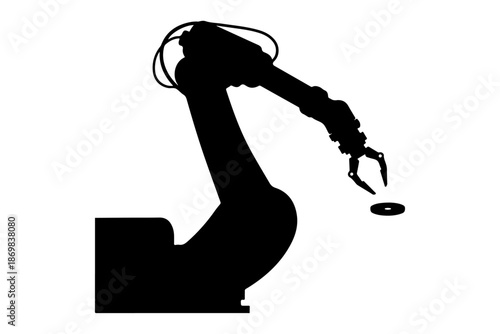Silhouette of an industrial robotic arm with a gripper holding a small disc, isolated on a white background, representing automation and manufacturing