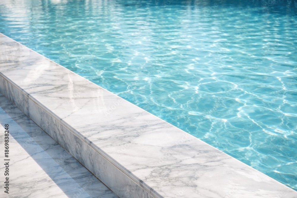 Obraz premium Clear Water Reflects Sunlight on a Marble Edge by a Pool at Midday in a Sunny Location