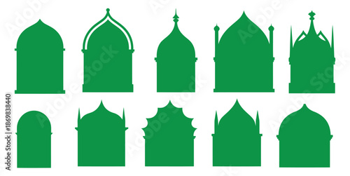 Collection of green silhouettes of various architectural domes and buildings displayed together in a grid layout on a plain background from a straightforward viewpoint