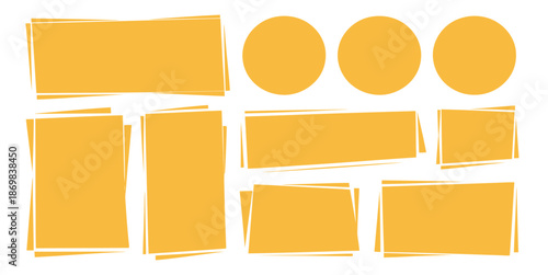 A collection of yellow rectangles and circles in various sizes arranged in a grid pattern on a plain surface viewed from directly above