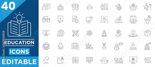 Education Line Editable Icon Set. Modern thin line vector illustration of school and learning icons including subjects, supplies, science and online education. Isolated on white background