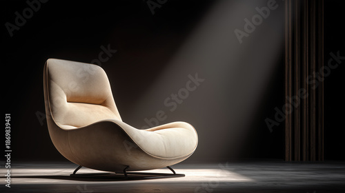 Fauteuil moderne beige dans un salon contemporain avec éclairage tamisé