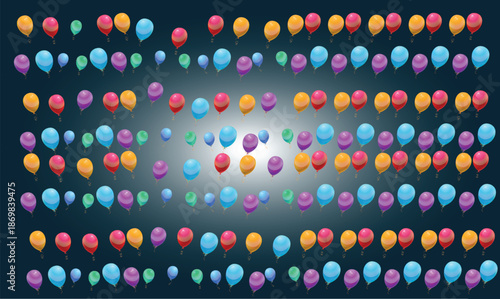 Various colourful balloon flying upward on abstract dark background