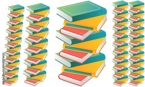 Big and small various size colourful book display vertically on white background