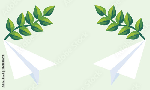 Two branch of green leaf make specific artwork on light colour background
