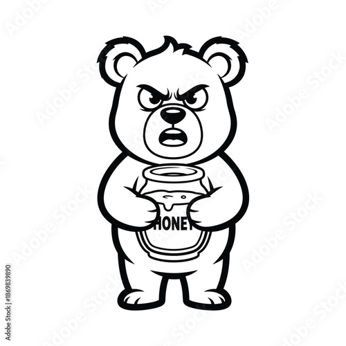 Grumpy Bear and the Honey: A cartoon illustration of an angry bear holding a jar of honey. Capturing the emotions of annoyance and sweetness.
